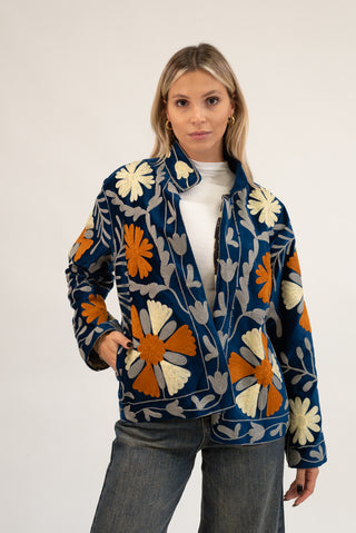 Giacca Velluto Suzani con Tasche blu/coccio|Colore:Blu/coccio
