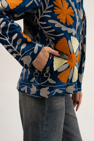 Giacca Velluto Suzani con Tasche blu/coccio|Colore:Blu/coccio
