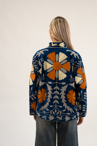 Giacca Velluto Suzani con Tasche blu/coccio|Colore:Blu/coccio