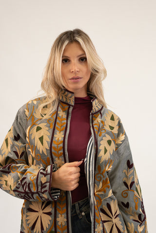 Giacca Velluto Suzani con Tasche grigio/bordeaux|Colore:Grigio/bordeaux