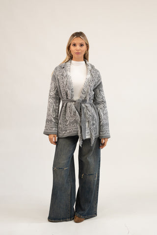 Cardigan Bandana Frange grigio/panna|Colore:Grigio/panna