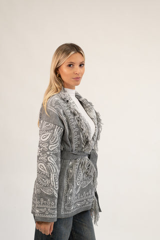 Cardigan Bandana Frange grigio/panna|Colore:Grigio/panna