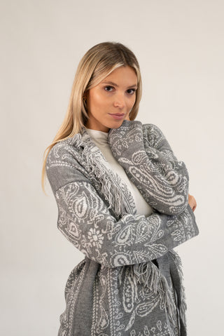 Cardigan Bandana Frange grigio/panna|Colore:Grigio/panna