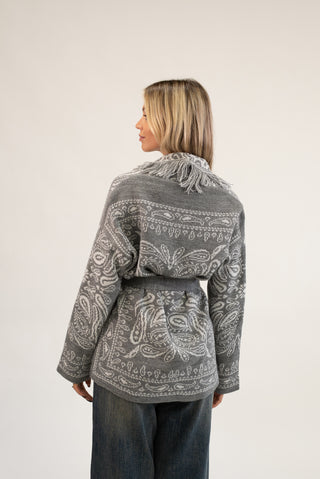 Cardigan Bandana Frange grigio/panna|Colore:Grigio/panna