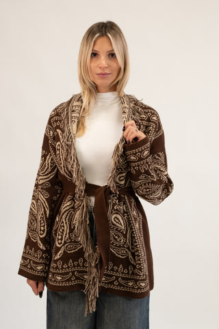 Cardigan Bandana Frange moro/beige|Colore:Moro/beige