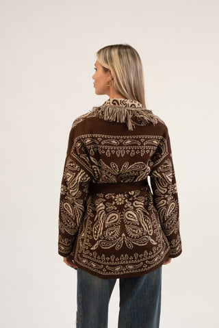 Cardigan Bandana Frange moro/beige|Colore:Moro/beige