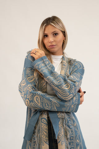 Cardigan Bandana Frange celeste/beige|Colore:Celeste/beige