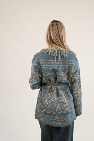 Cardigan Bandana Frange celeste/beige|Colore:Celeste/beige
