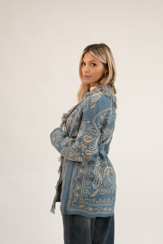 Cardigan Bandana Frange celeste/beige|Colore:Celeste/beige