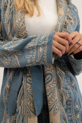 Cardigan Bandana Frange celeste/beige|Colore:Celeste/beige
