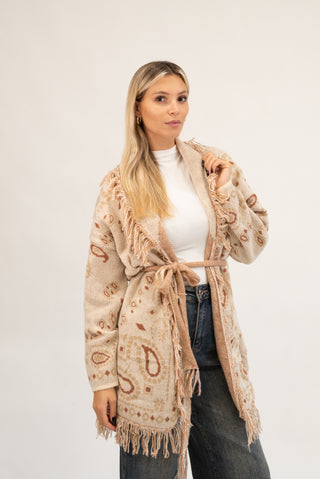 Cardigan Lungo Bandana con Frange beige|Colore:Beige