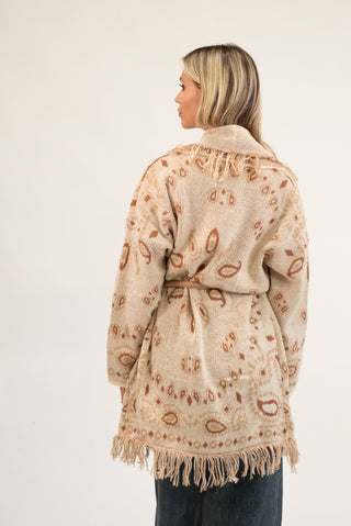 Cardigan Lungo Bandana con Frange beige|Colore:Beige