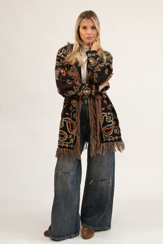 Cardigan Lungo Bandana con Frange nero|Colore:Nero