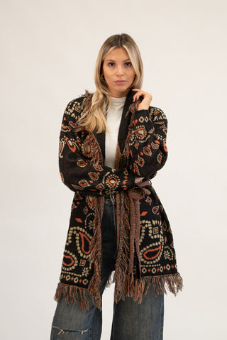 Cardigan Lungo Bandana con Frange nero|Colore:Nero