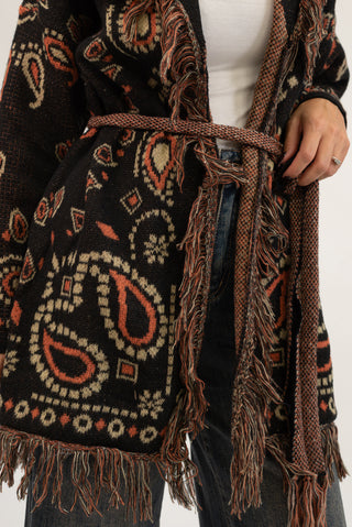 Cardigan Lungo Bandana con Frange nero|Colore:Nero