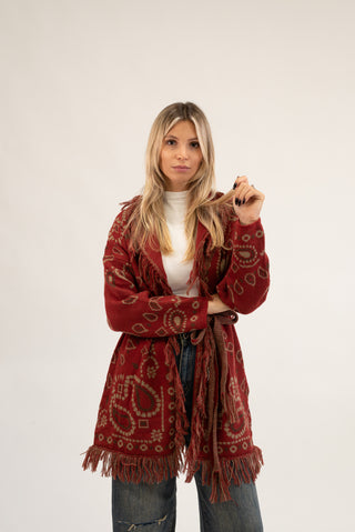 Cardigan Lungo Bandana con Frange rosso|Colore:Rosso