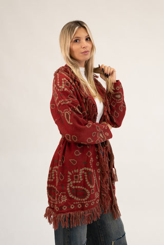 Cardigan Lungo Bandana con Frange rosso|Colore:Rosso