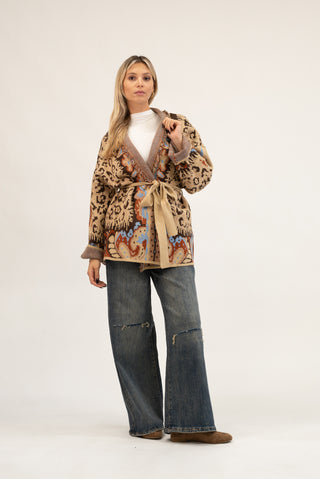 Cardigan Lungo Animalier con Frange beige/moro|Colore:Beige/moro