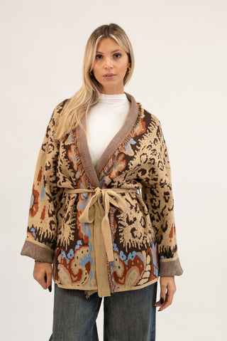 Cardigan Lungo Animalier con Frange beige/moro|Colore:Beige/moro