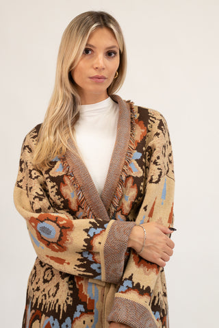 Cardigan Lungo Animalier con Frange beige/moro|Colore:Beige/moro