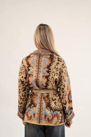 Cardigan Lungo Animalier con Frange beige/moro|Colore:Beige/moro