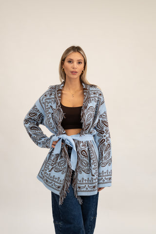 Cardigan Bandana Frange celeste/moro|Colore:Celeste/moro
