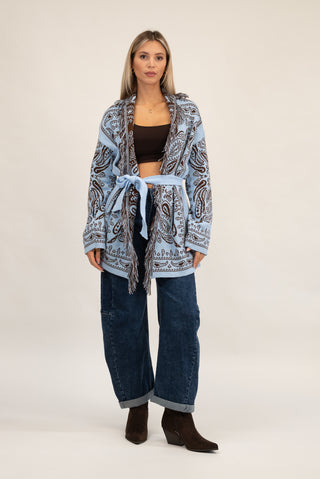 Cardigan Bandana Frange celeste/moro|Colore:Celeste/moro