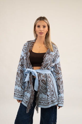 Cardigan Bandana Frange celeste/moro|Colore:Celeste/moro