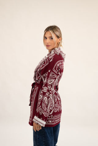 Cardigan Bandana Frange bordeaux/panna|Colore:Bordeaux/panna