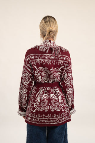 Cardigan Bandana Frange bordeaux/panna|Colore:Bordeaux/panna