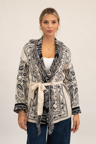 Cardigan Bandana Frange panna/nero|Colore:Panna/nero