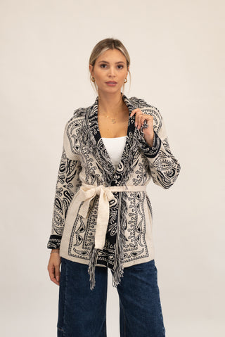 Cardigan Bandana Frange panna/nero|Colore:Panna/nero