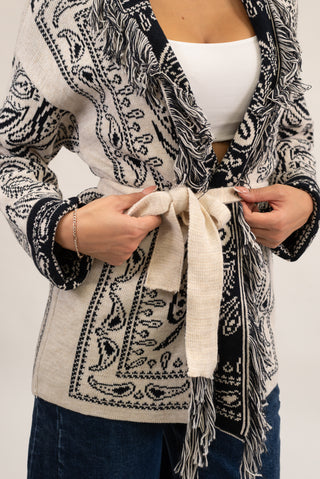 Cardigan Bandana Frange panna/nero|Colore:Panna/nero