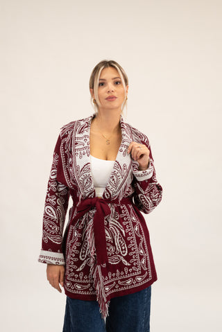 Cardigan Bandana Frange bordeaux/panna|Colore:Bordeaux/panna