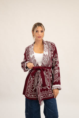 Cardigan Bandana Frange bordeaux/panna|Colore:Bordeaux/panna