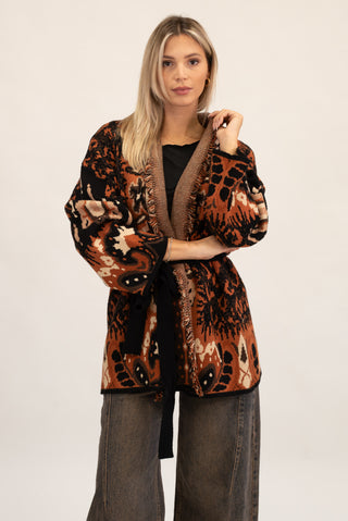 Cardigan Lungo Animalier con Frange nero/coccio|Colore:Nero/coccio