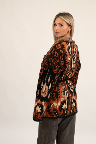 Cardigan Lungo Animalier con Frange nero/coccio|Colore:Nero/coccio