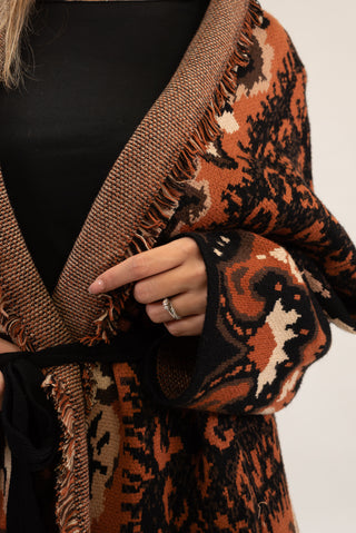 Cardigan Lungo Animalier con Frange nero/coccio|Colore:Nero/coccio