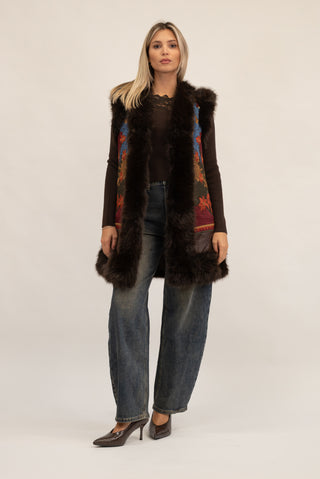 Gilet Lungo Pelliccia con Ricamo moro|Colore:Moro