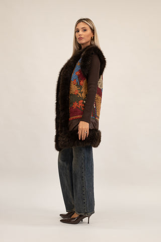 Gilet Lungo Pelliccia con Ricamo moro|Colore:Moro