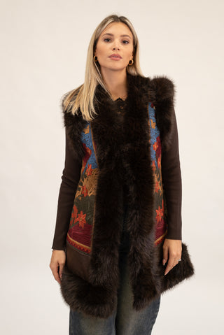 Gilet Lungo Pelliccia con Ricamo moro|Colore:Moro