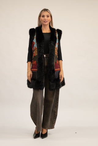 Gilet Lungo Pelliccia con Ricamo nero|Colore:Nero