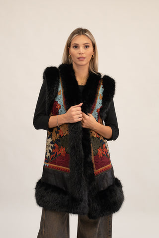 Gilet Lungo Pelliccia con Ricamo nero|Colore:Nero