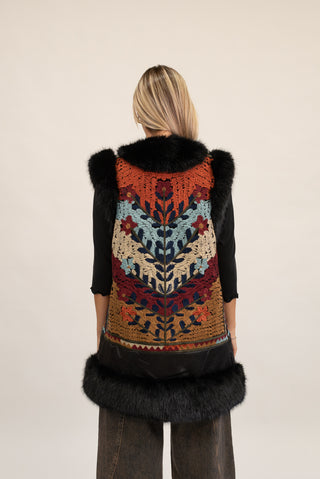 Gilet Lungo Pelliccia con Ricamo nero|Colore:Nero