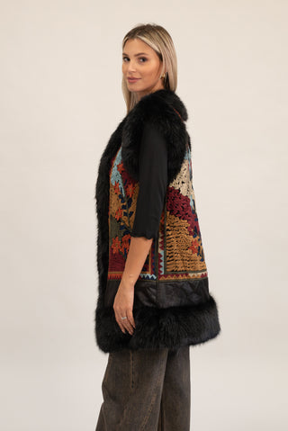 Gilet Lungo Pelliccia con Ricamo nero|Colore:Nero