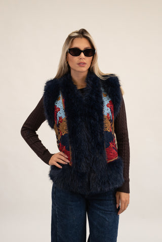 Gilet Corto Pelliccia con Ricamo blu|Colore:Blu