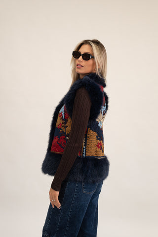 Gilet Corto Pelliccia con Ricamo blu|Colore:Blu