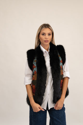 Gilet Corto Pelliccia con Ricamo nero|Colore:Nero