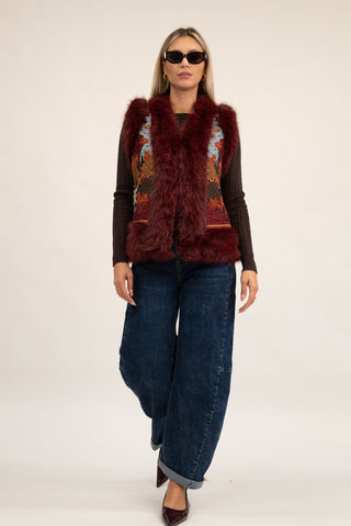 Gilet Corto Pelliccia con Ricamo bordeaux|Colore:Bordeaux