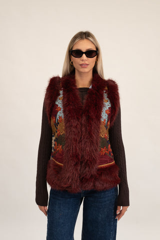 Gilet Corto Pelliccia con Ricamo bordeaux|Colore:Bordeaux